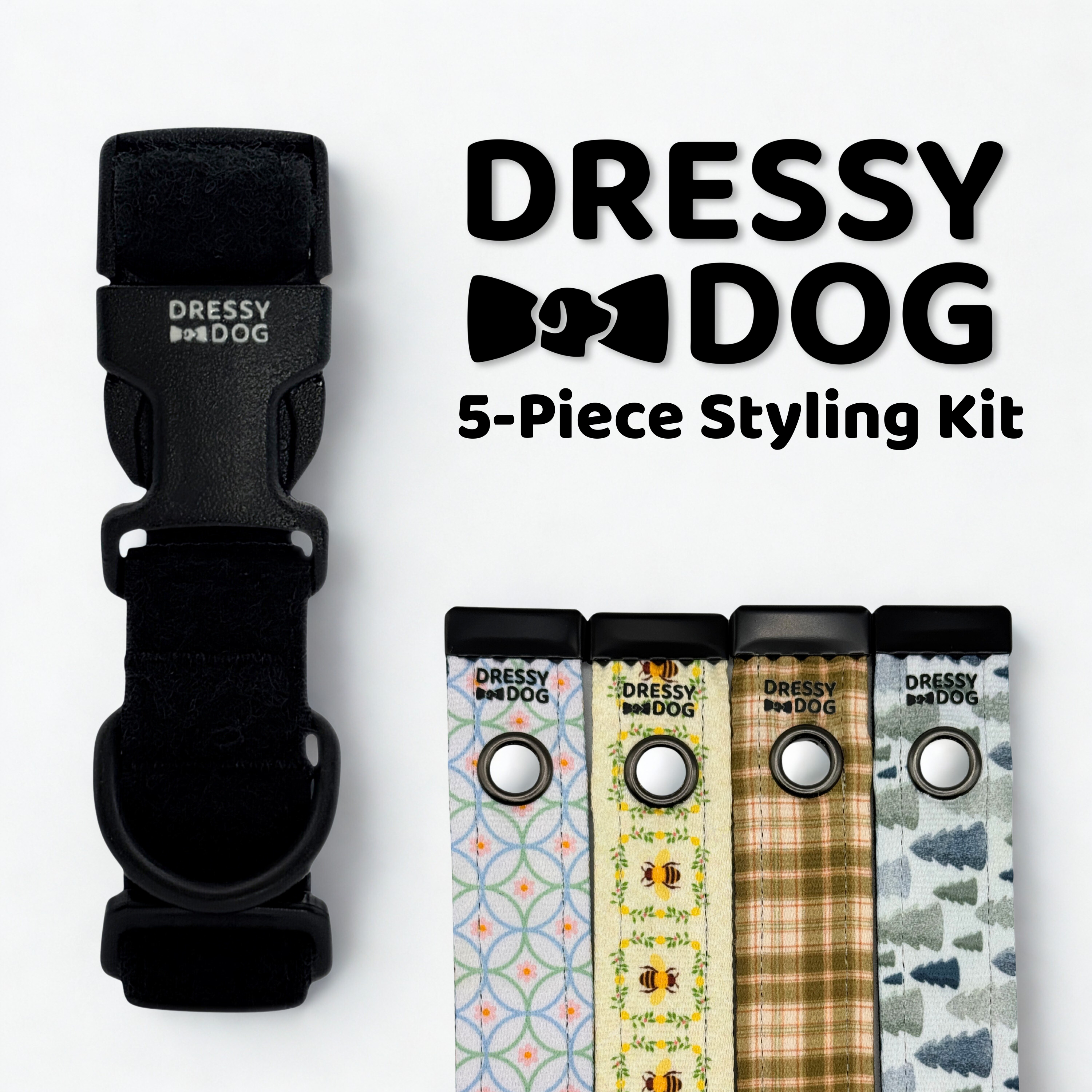 Interchangeable dog collar kit with four seasonal designs: pastel geometric, bees and lemons, fall green plaid, and winter blue pine trees.